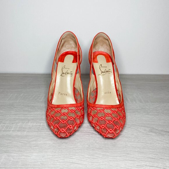 Louboutin K-Racas Coral Fishnet Pumps - Picture 3 of 8